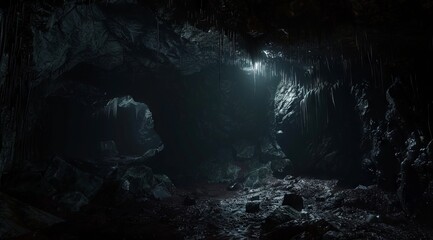 Wall Mural - A dark cave with light shining through.