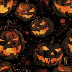 Poster - This image features a close-up view of a repeating pattern of jack-o-lanterns on a dark background. The jack-o-lanterns are all carved with spooky faces and illuminated from within, creating a festive