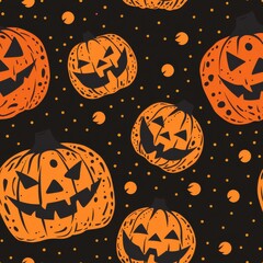 Poster - This image features a seamless pattern of jack o lanterns with orange dots on a black background. The jack o lanterns are drawn in a simple, cartoon style with big, toothy grins. The pattern is perfec