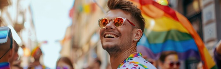 Poster - A man is smiling and wearing sunglasses while holding a rainbow flag. He is surrounded by other people, some of whom are also wearing rainbow clothing. Scene is joyful and celebratory