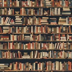 Poster - A full bookshelf with various genres and colors of books, organized in rows and columns. The bookshelf is made of dark wood and has a dark background, giving the books a prominent appearance. The book