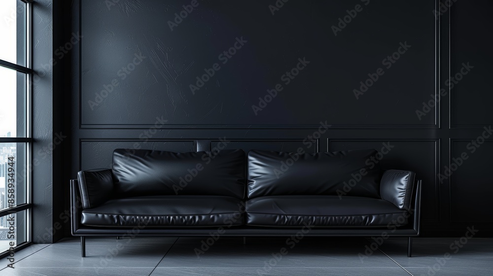 Black living room interior with a sleek leather sofa, minimalist design ...
