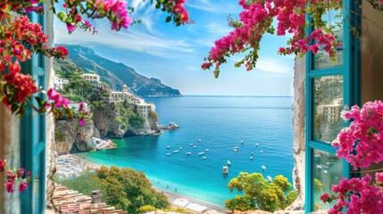 Aufkleber - A beautiful view of a beach with a blue ocean and pink flowers in the window