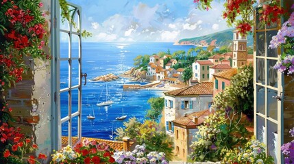 Aufkleber - A painting of a beach with a view of a town and a boat. The painting is full of color and has a peaceful and relaxing mood