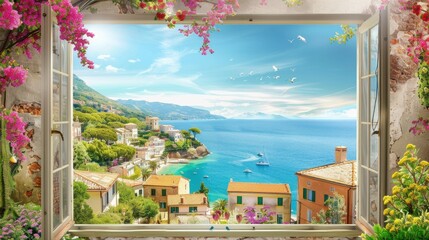 Wall Mural - A window view of a beach with a house and a boat in the water. The scene is peaceful and serene, with the ocean and the houses providing a sense of calm
