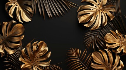 Wall Mural - Luxurious trendy border frame with golden monstera and date palm leaves on black background