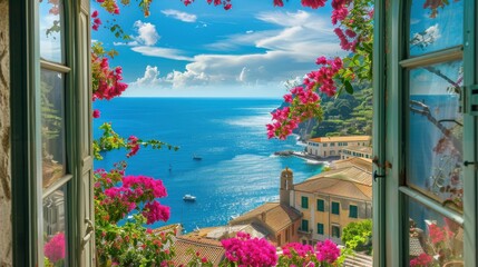 Wall Mural - A view of a beautiful blue ocean with pink flowers in the foreground. The scene is serene and peaceful, with a sense of calmness and tranquility