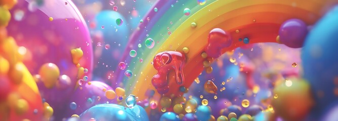 Wall Mural - 4. Illustrate a magical and whimsical adventure unfolding in a 3D visualization, featuring an enchanting rainbow splash against a lively and colorful abstract background. Let the scene evoke a sense