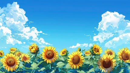 A vibrant sunflower border against a clear blue sky with fluffy white clouds.