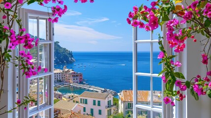 Aufkleber - A view of the ocean from a window with a view of a town and a boat in the water