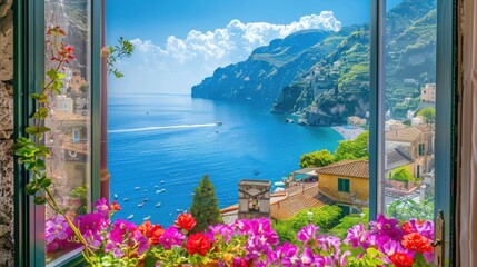 Aufkleber - A view of a beautiful ocean with a boat in the water. The boat is in the middle of the water and is surrounded by several other boats. The sky is clear and the sun is shining brightly