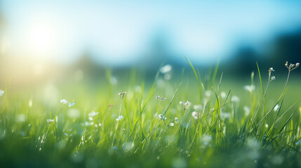 Wall Mural - a fresh spring sunny garden background of green grass and blurred foliage bokeh.