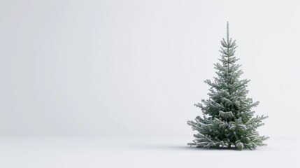 Poster - A single snow-covered Christmas tree stands against a white backdrop. The tree is a simple, classic Christmas decoration, perfect for a minimalist holiday setting. The white background highlights the 
