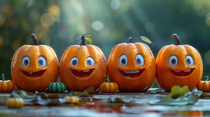 Wall Mural - 3d pumpkins in a row. Halloween or Thanksgiving. Jack's head with emotions carved out.
