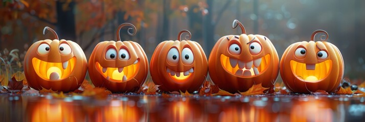 Wall Mural - Cartoon pumpkins characters 3d. Jack's lamp. Halloween concept. Cute horrors.
