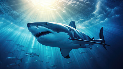 Sea animal background - Great white shark in blue ocean with sun rays, Generative AI