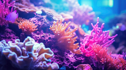 Coral reef ocean sea water background - Closeup of beautiful colorful corals underwater, Generative AI