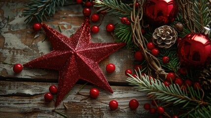 Christmas red star arrangement on wooden table