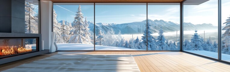 Poster - A large, empty room with a fireplace and a large window overlooking a snowy mountain. The room is empty and the fireplace is lit, creating a cozy atmosphere