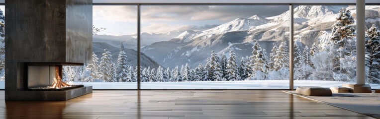 Poster - A large fireplace is in the middle of a room with a view of snow-covered mountains. The room is empty and the fireplace is lit, creating a cozy atmosphere