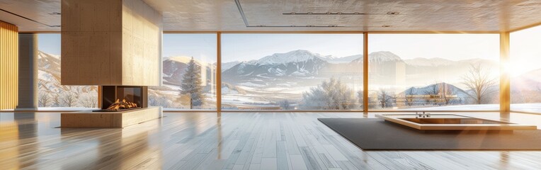 Wall Mural - A large open living room with a fireplace and a view of mountains. The room is very spacious and has a modern design