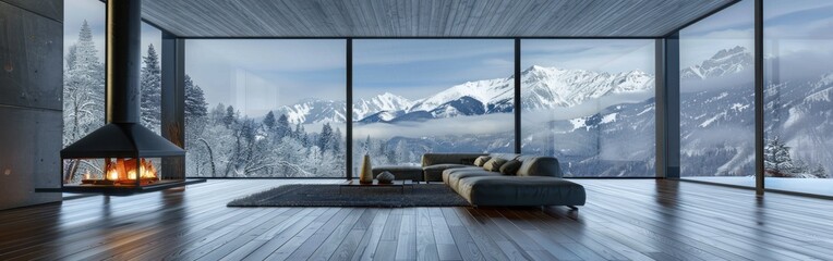 Poster - A large living room with a fireplace and a view of the mountains. The room is decorated in a modern style with a couch and a chair