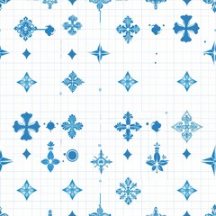 Leinwandbilder - This image features a seamless repeating pattern of blue floral motifs on a white background. The pattern is composed of various shapes, including crosses, stars, and other abstract elements, all arra