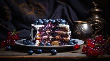 Wall Mural - Dark food photography background - Tasty cake with fresh blueberry fruits on table, Generative AI