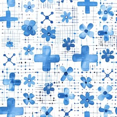 Poster - This image shows a seamless pattern of watercolor painted blue flowers, plus signs, and a grid pattern on a white background. The flowers and plus signs are randomly arranged and overlap each other, c