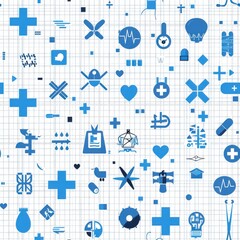 Poster - An abstract pattern featuring various blue icons on a white background with a faint grid pattern. The icons represent a variety of themes, including medical, nature, and technology, adding a sense of 