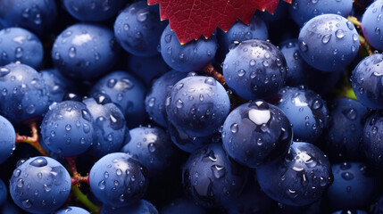 Wall Mural - Vineyards, grape harvest food fruits background - Closeup of blue wet ripe grapes bunch with water drops, Generative AI