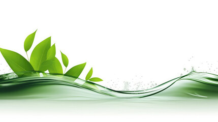 Wall Mural - Green organic floating water waves with fresh plant leaves, isolated on white background banner, Generative AI