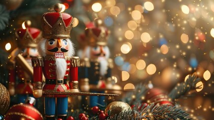 Poster - A group of nutcrackers are standing on a tree branch with a red and gold nutcracker in the center