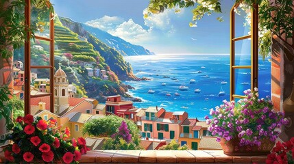 Aufkleber - A beautiful view of a small town with a blue ocean in the background. The town is filled with colorful houses and a few boats. The flowers in the vase add a touch of color and life to the scene