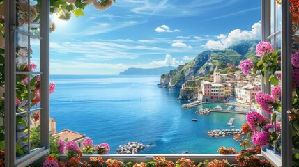 Aufkleber - A view of a beautiful blue ocean with a boat in the distance. The scene is serene and peaceful, with the water and sky blending together in perfect harmony. The boat is a small sailboat