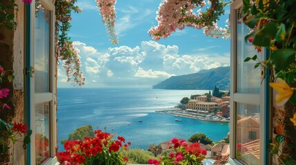 Aufkleber - A view of the ocean from a window with a balcony. The view is of a small town with a few boats in the water. The flowers in the window add a touch of color and life to the scene