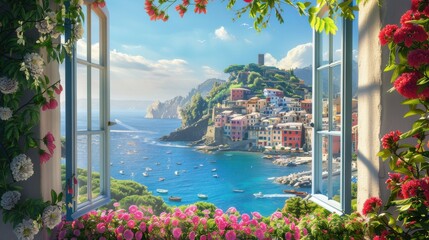 Aufkleber - A window view of a city with a blue ocean in the background. The city is full of boats and the flowers are pink