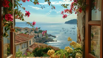 Wall Mural - A view of a city with a bay and a beach. The bay is full of boats and the city is full of houses. The sky is blue and the flowers are pink