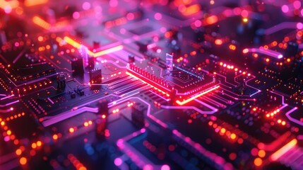 Abstract futuristic circuit board with glowing neon lines, representing data flow and technology.