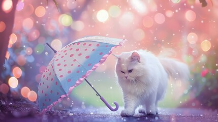 Wall Mural - A white cat with a polka-dot umbrella strolling through a misty park, raindrops glistening, and pastel-colored bokeh lights creating a magical atmosphere in the background.