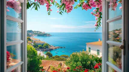 Aufkleber - A view of the ocean from a window with pink flowers in the background. The scene is peaceful and serene, with the water and the flowers creating a calming atmosphere