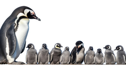 Poster - Wildlife zoo south africa penguins animals banner panorama long -Collection standing, lying african penguin (spheniscus demersus) family with baby, isolated on white background, Generative AI