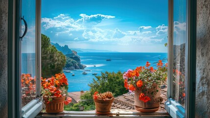 Aufkleber - A window view of a beautiful ocean with a boat in the water. The view is framed by a potted plant and a vase