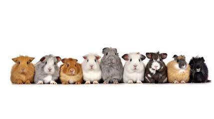 Poster - Animals pets guinea pigs banner panorama long - Collection of funny cute sitting guinea pig (caviidae) , isolated on white background, Generative AI