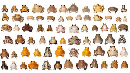 Poster - Animals reptiles amphibians toads banner panorama long - Collection of funny sitting, jumping, running, reptile amphibian toad , isolated on white background, Generative AI