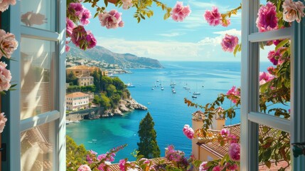 Aufkleber - A view of a beautiful blue ocean with a small town in the background. The view is framed by a window with pink flowers
