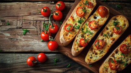 Wall Mural - Delicious garlic bread and cherry tomatoes on rustic wooden table