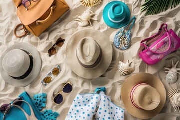 Aufkleber - A flat lay of various beach accessories on a sandy beach. The items include hats, sunglasses, towels, and bags. Generative AI