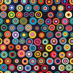 Aufkleber - This is an abstract pattern featuring numerous colorful concentric circles of different sizes on a black background. The circles overlap and create a visually appealing and dynamic composition.