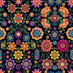 Poster - This image features a vibrant and intricate floral pattern with a dark background. The design includes various colorful flowers, leaves, and stems, creating a beautiful and eye-catching visual. The co